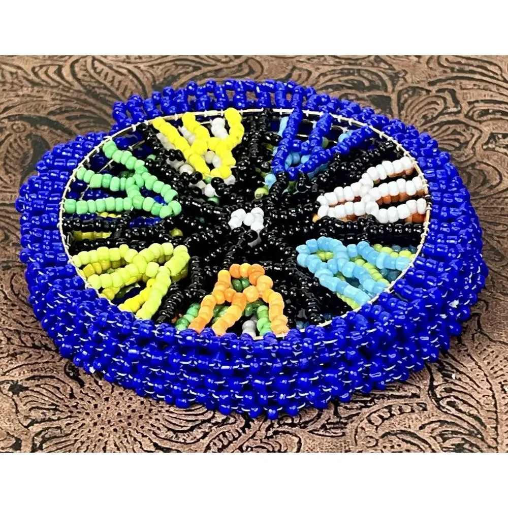 Set 5 Beaded Drink Coasters Multicolor Round Decor VTG Native American Style 3”